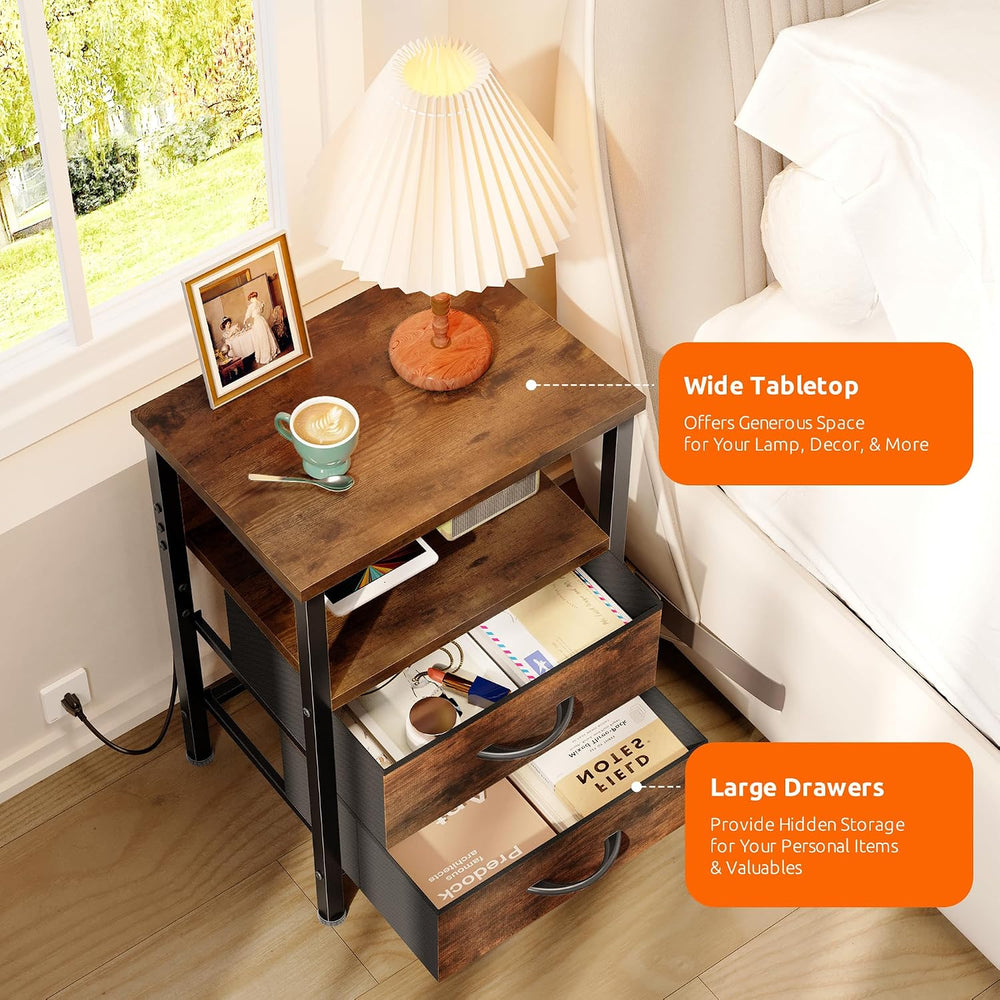 Lazzanto Night Stand with Charger Station for Bedroom, Brown Nightstand | Bed...