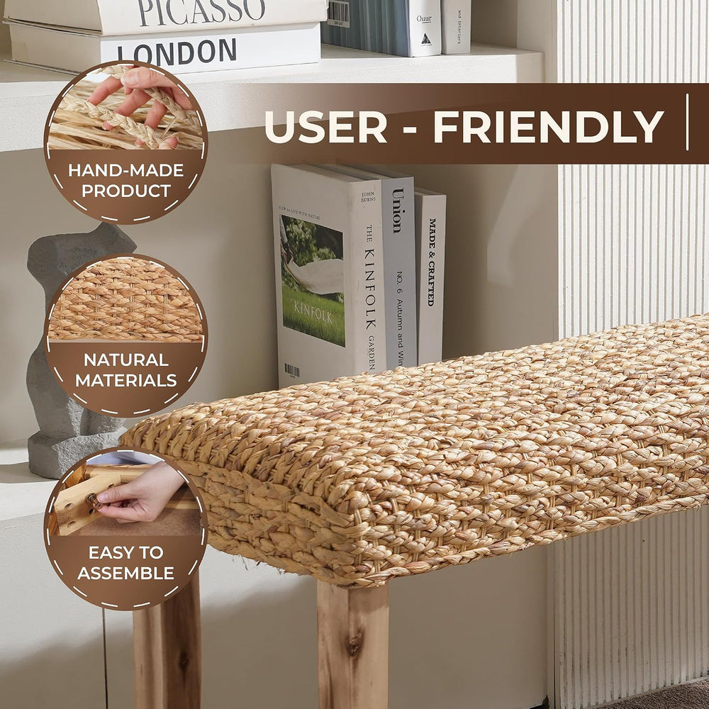 Indoor Wicker Bench 47" Solid Wood Acacia & Natural Woven Seat, Natu...