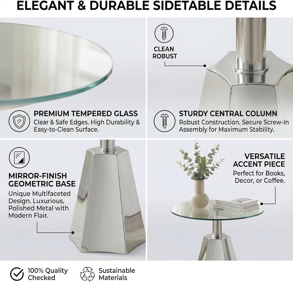 FT Global Round Glass Side Table, 19.7" Clear Tempered Glass Top with Ch...