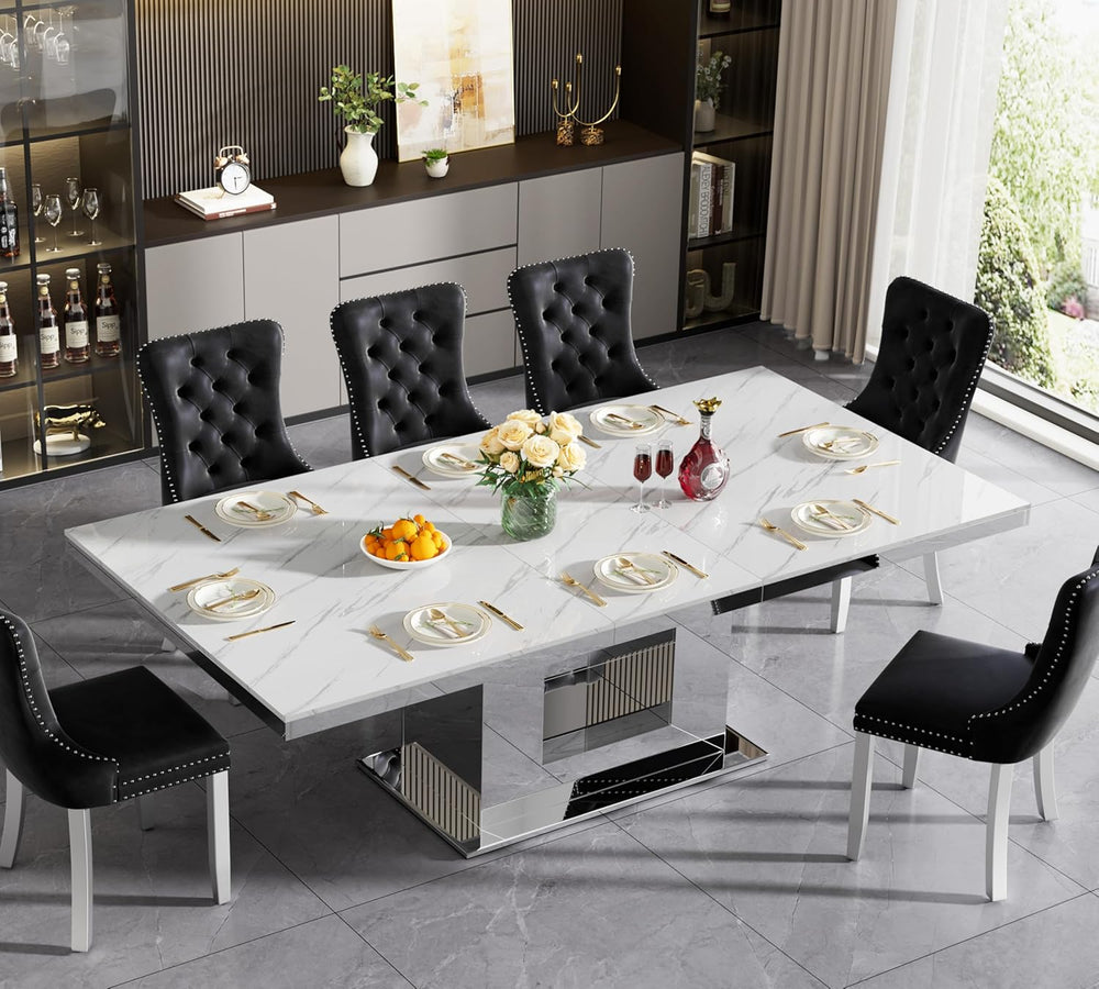 94 in Large Extendable Dining Table for 6 8 10, White Marble Pattern Top &...