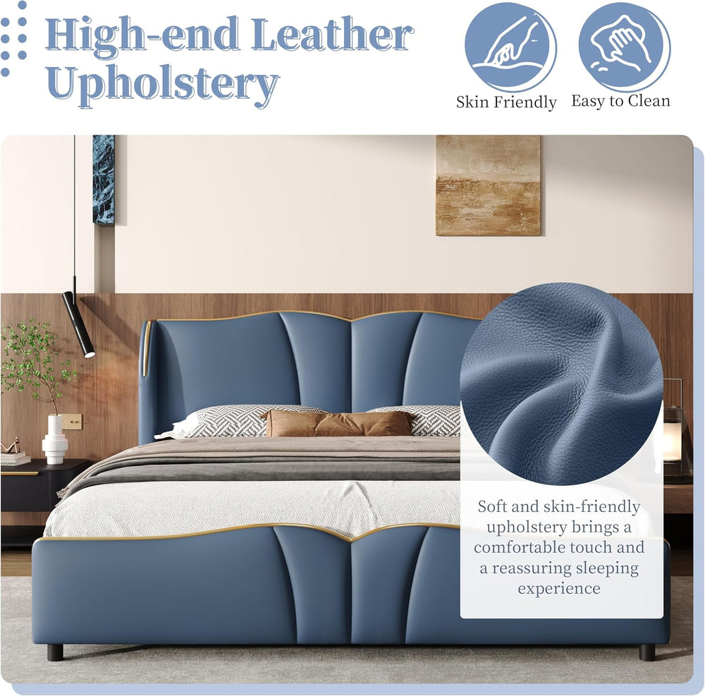 Queen Size Bed Frame with Wingback Headboard, Modern Faux Leather Upholstered...