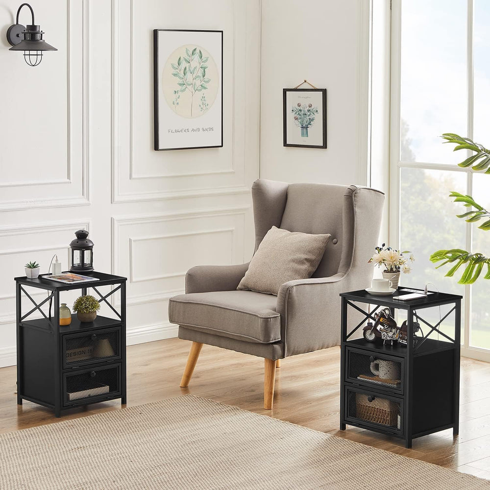 VECELO Black End Table with USB Ports and Outlets,24 Inch Nightstands with Ch...