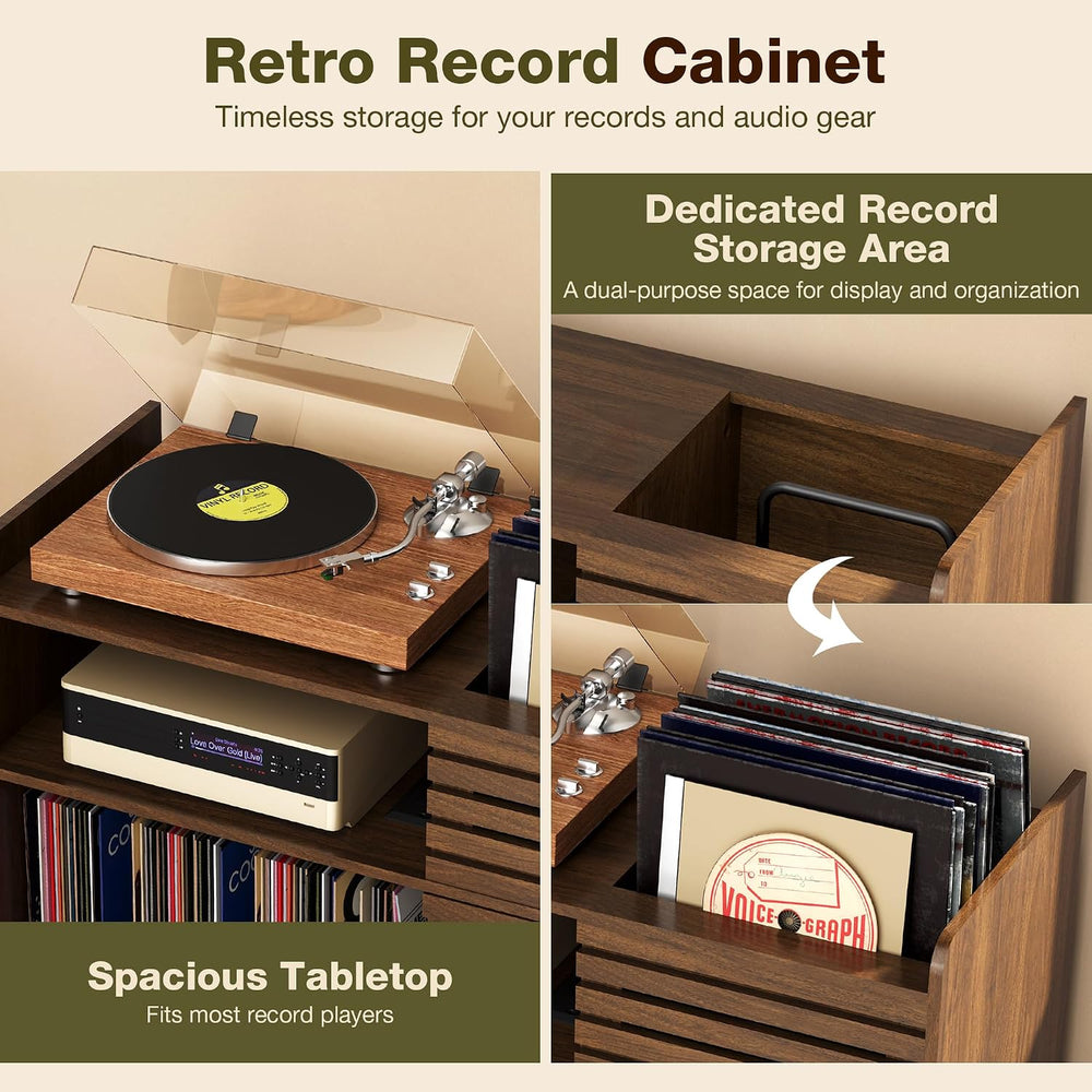 Large Record Player Stand with Charging Station, Mid Century Modern Record Pl...