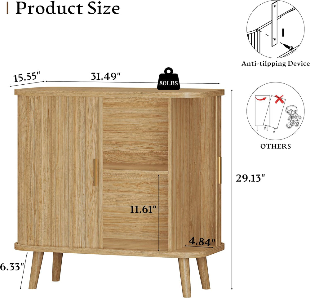 31.5" Fluted Sideboard Buffet Cabinet with Sliding Doors, Oak