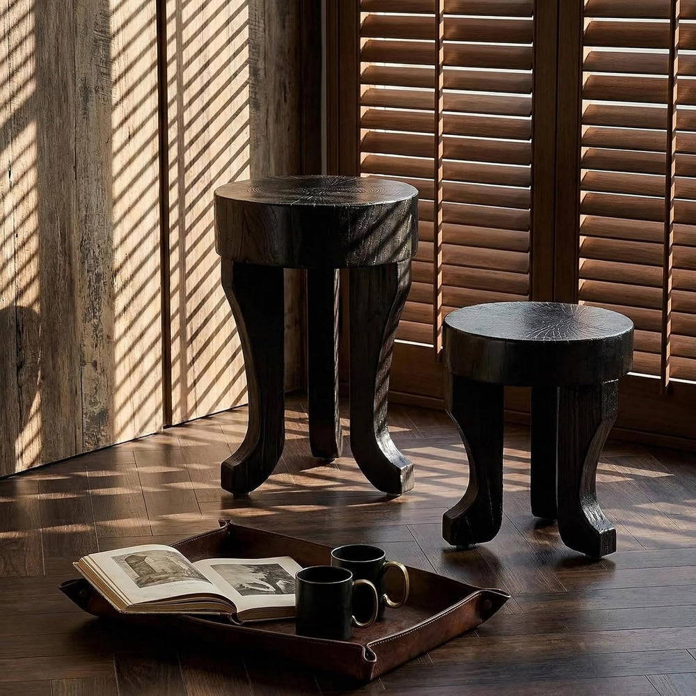 Rustic Round Wooden End Table, 13.5" H Dark Brown Solid Wood Accent Side...