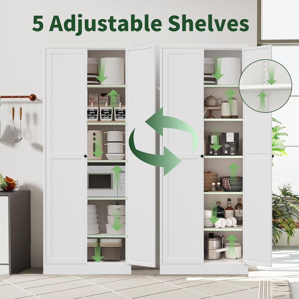 72" Tall Kitchen Pantry Cabinet,White Metal Pantry Cabinet with 2 Doors ...
