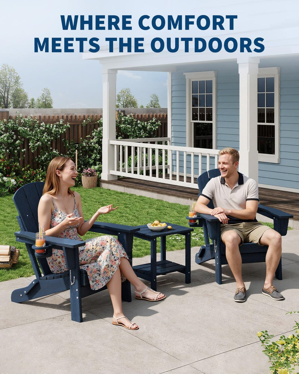 HDPE Folding Adirondack Chair Set of 2 with Side Table, Navy Blue