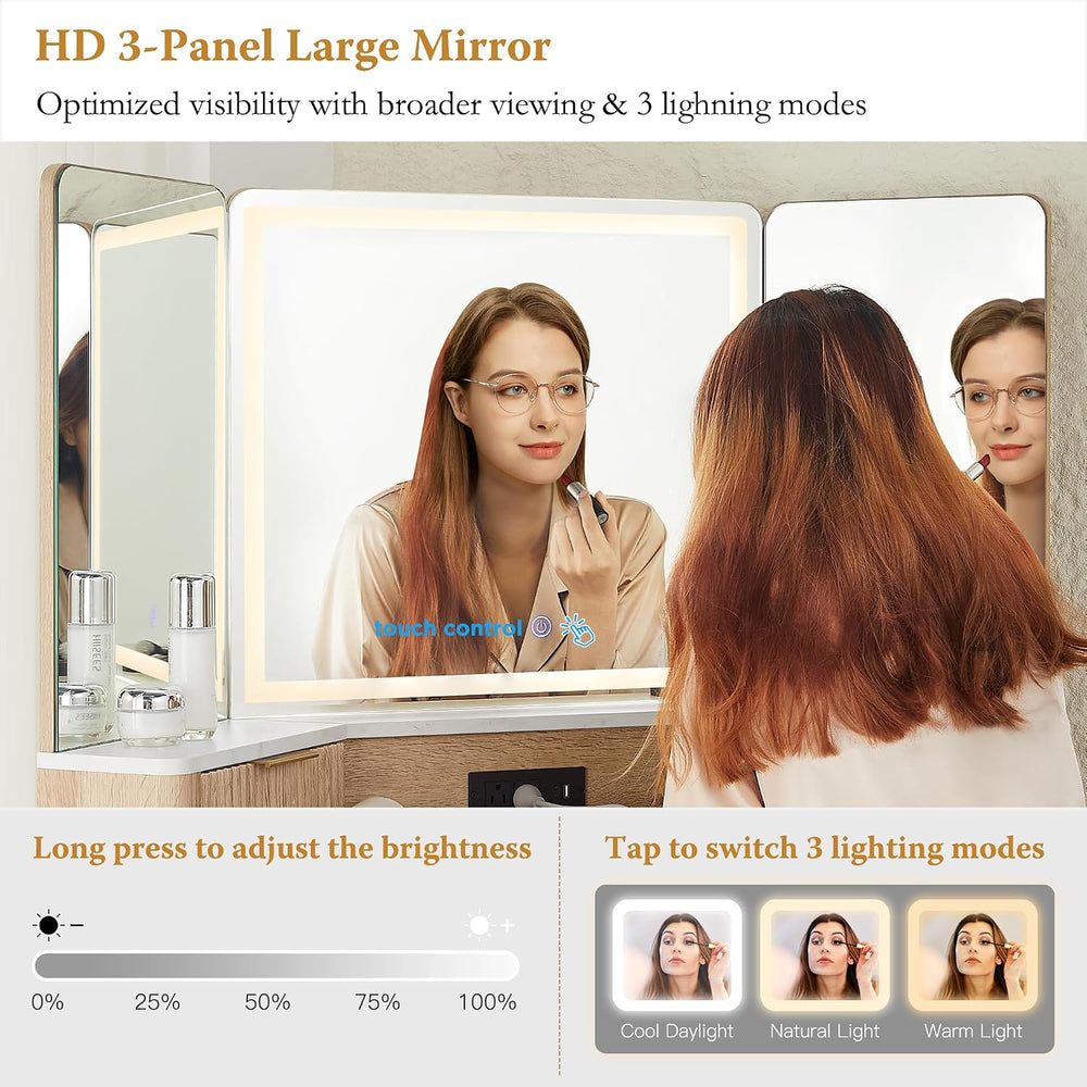 T4TREAM 48" Corner Makeup Vanity with Lighted Triple Mirror, Natural Oak...