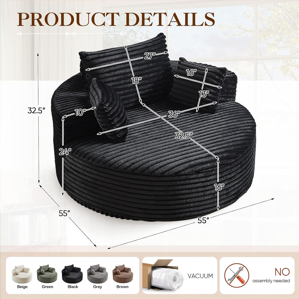 Oversized Round Chaise Longue Chair Indoor, Modern 55-inch Upholstered Cordur...