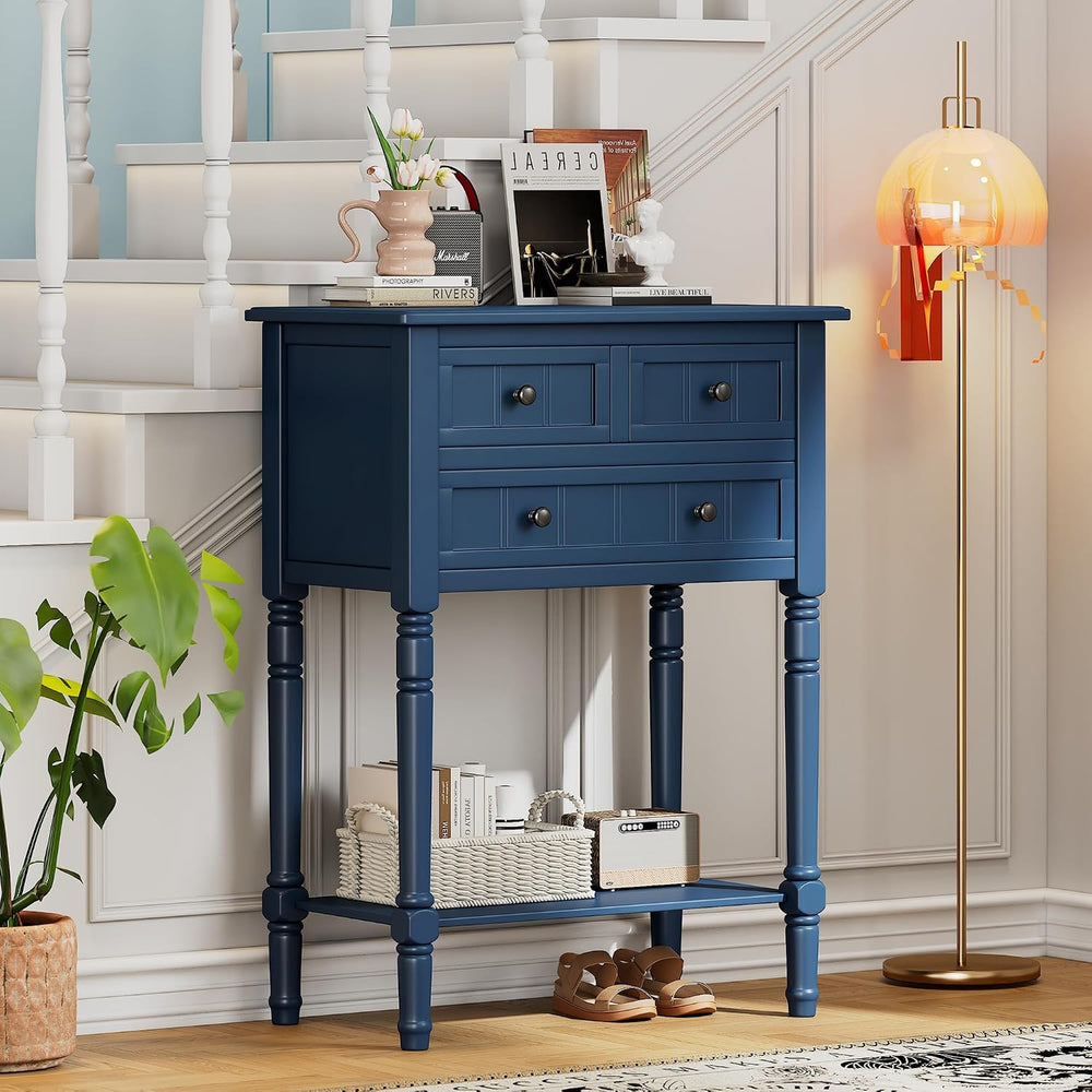 Merax Small Entryway Table with Drawer ans Shelf, Navy | Slim Sofa Table Behi...