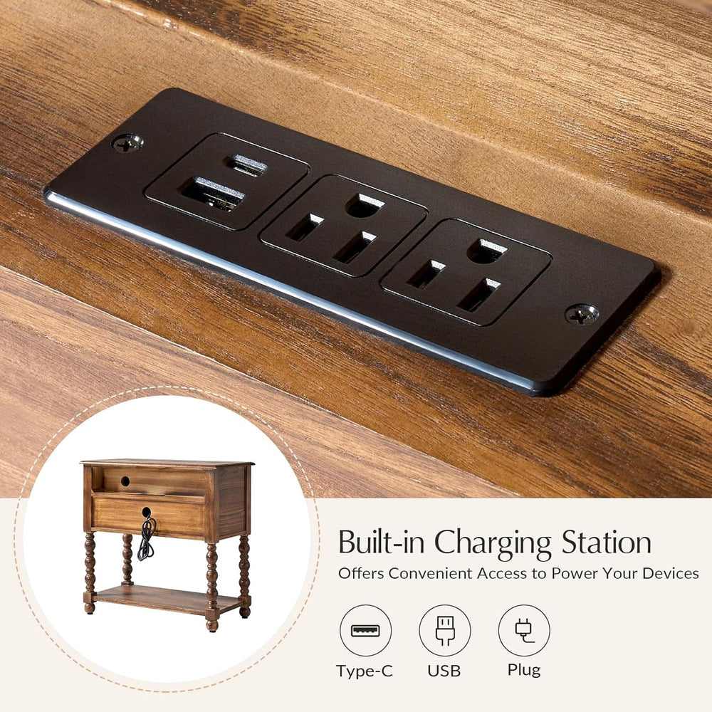 Solid Wood Spindle End Table with Charging Station, Traditional Farmhouse Sid...
