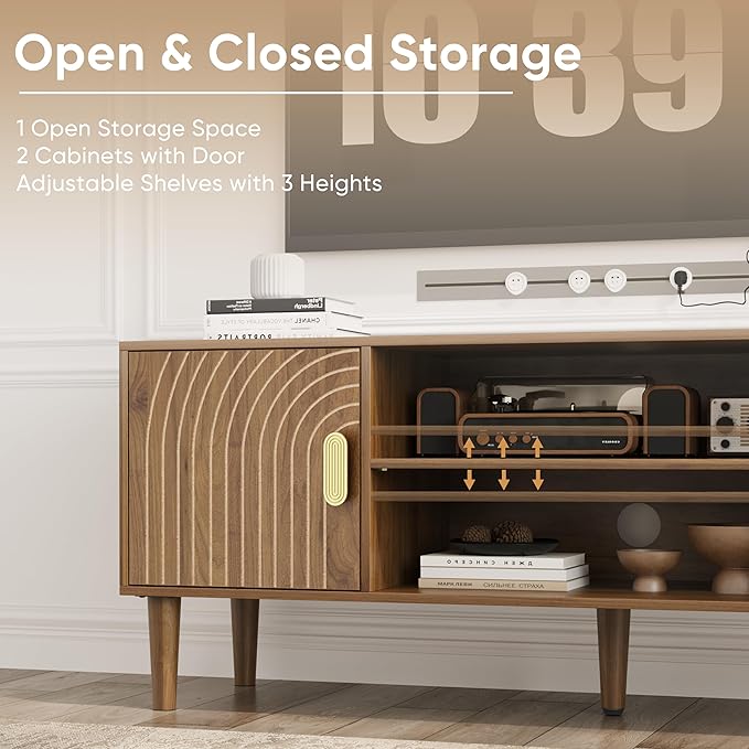 Smuxee Walnut TV Stand with Line Groove Design, 47.2" Mid Century Modern...