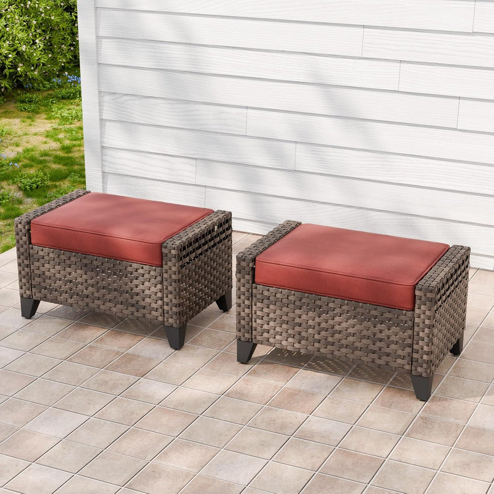 2 Pieces Modern Outdoor Wicker Patio Footstools, Multipurpose PE Rattan Ottom...