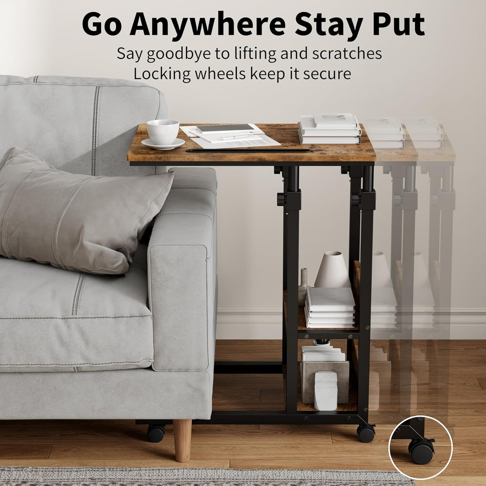Gyfimoie C-Shaped End Table with Wheels, Side Table Adjustable Height, TV Tra...