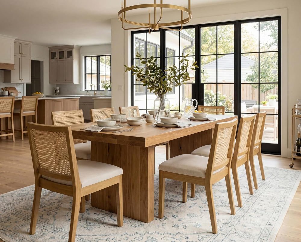 BESTANO Farmhouse Rattan Oka Wood Dining Chairs Set of 6 with Cane Back