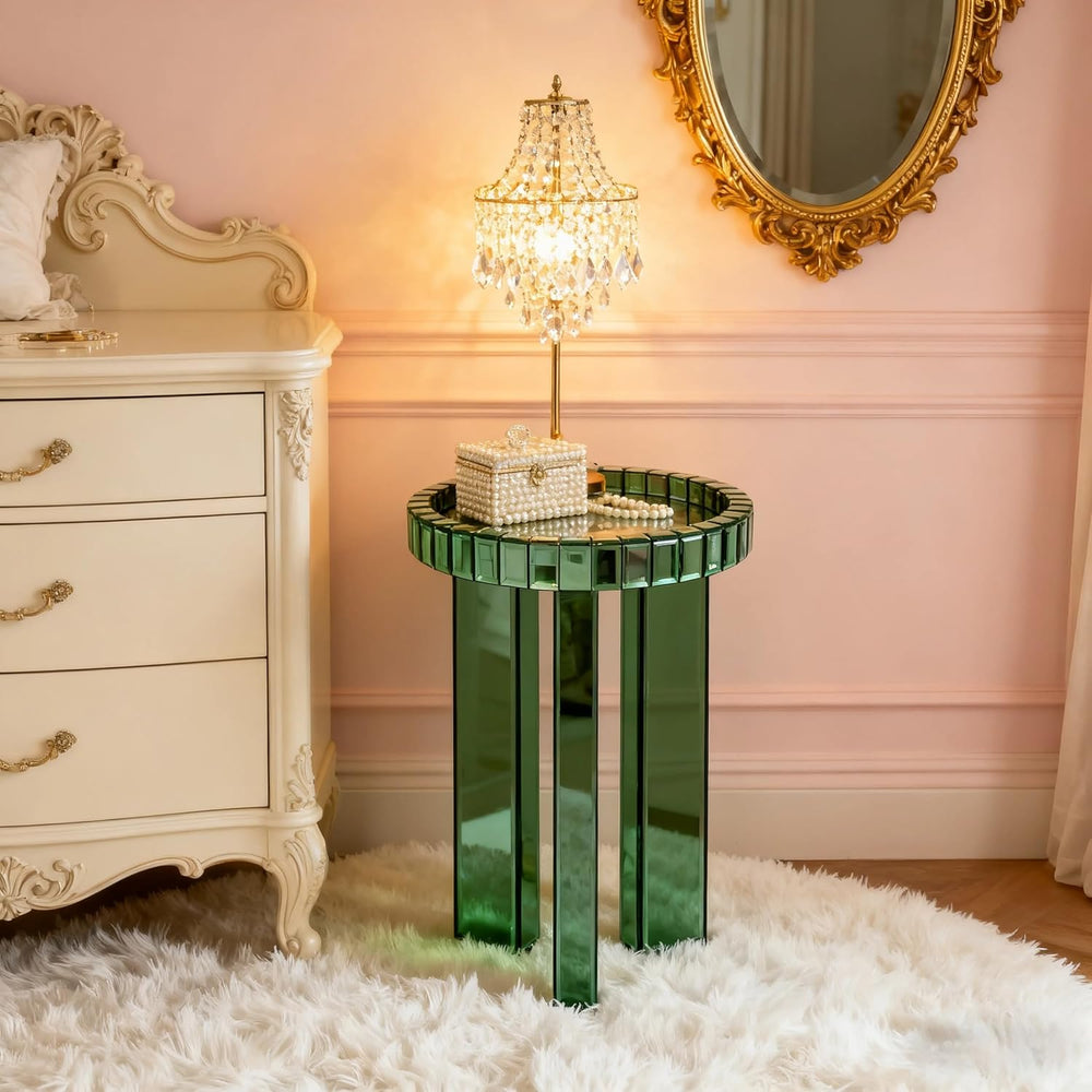 SHYFOY Green Mirrored End Table, 23" H Round Glass Side Table with Three...