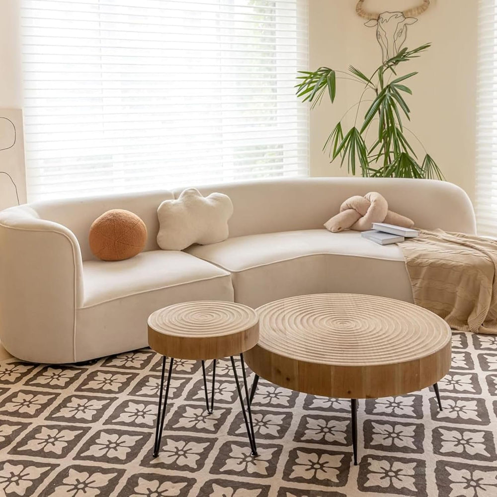COZAYH 2-Piece Round Nesting Coffee Table Set, Natural Wood Top with Black Me...