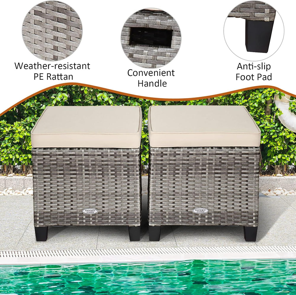 LDAILY Moccha 2 Pieces Patio Outdoor Ottoman, All Weather Rattan Patio Ottoma...