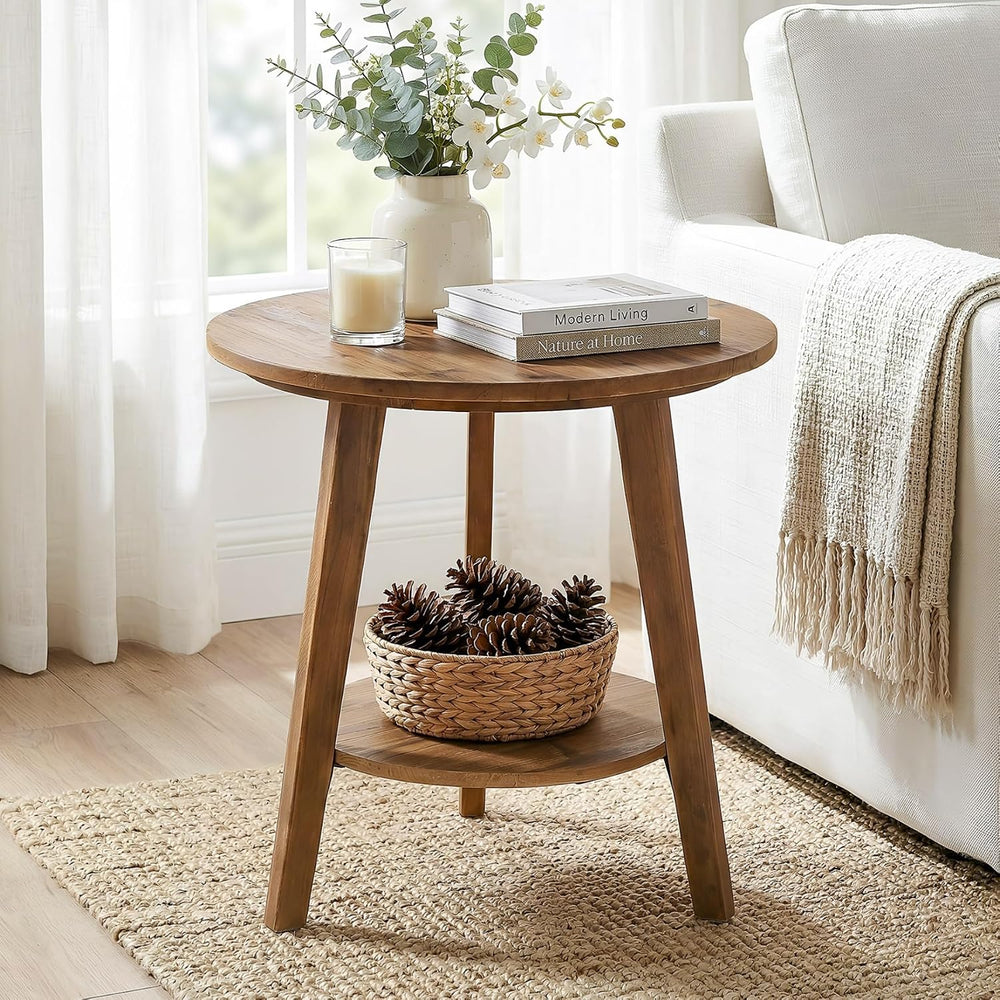 Tribesigns Solid Wood Round Side Table, 2-Tier Farmhouse End Table with Stora...