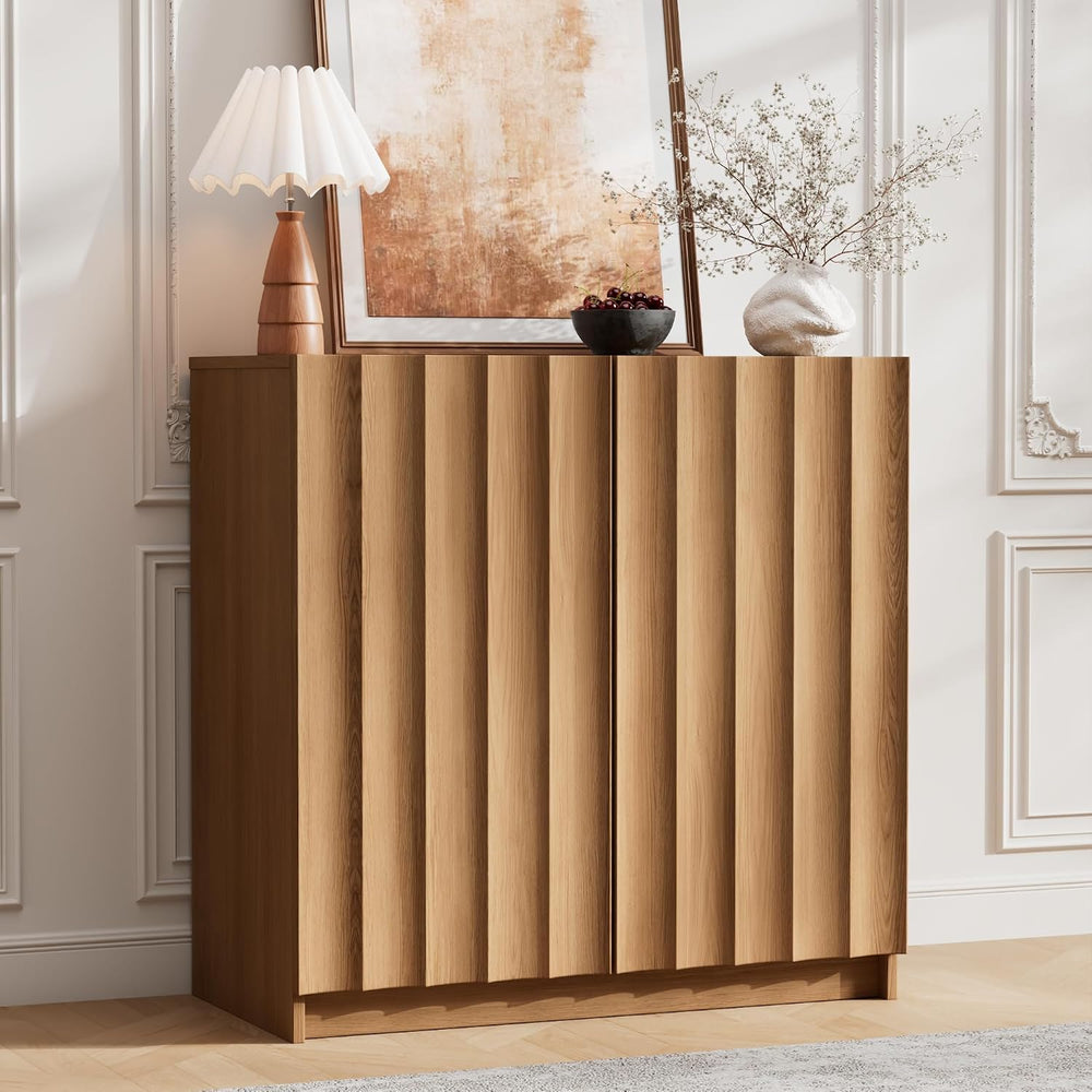 Fluted Sideboard Buffet Cabinet with Storage, 31.5" W, Natural Oak