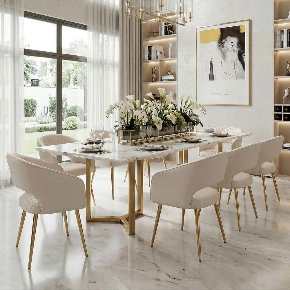 Hyfirm Leather Dining Chairs Set of 6 with Gold Metal Legs, Modern Cream | Br...