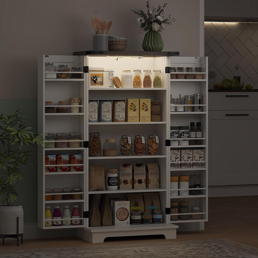 HOMCOM 47" LED Kitchen Pantry Cabinet with Barn Door 5 Deep Shelves Whit...