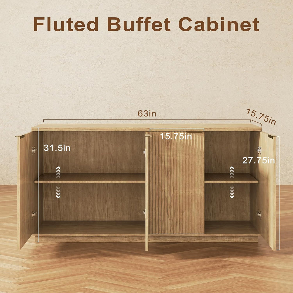 Fluted Sideboard Buffet Cabinet, 63" Wooden Credenza Storage Cabinet wit...