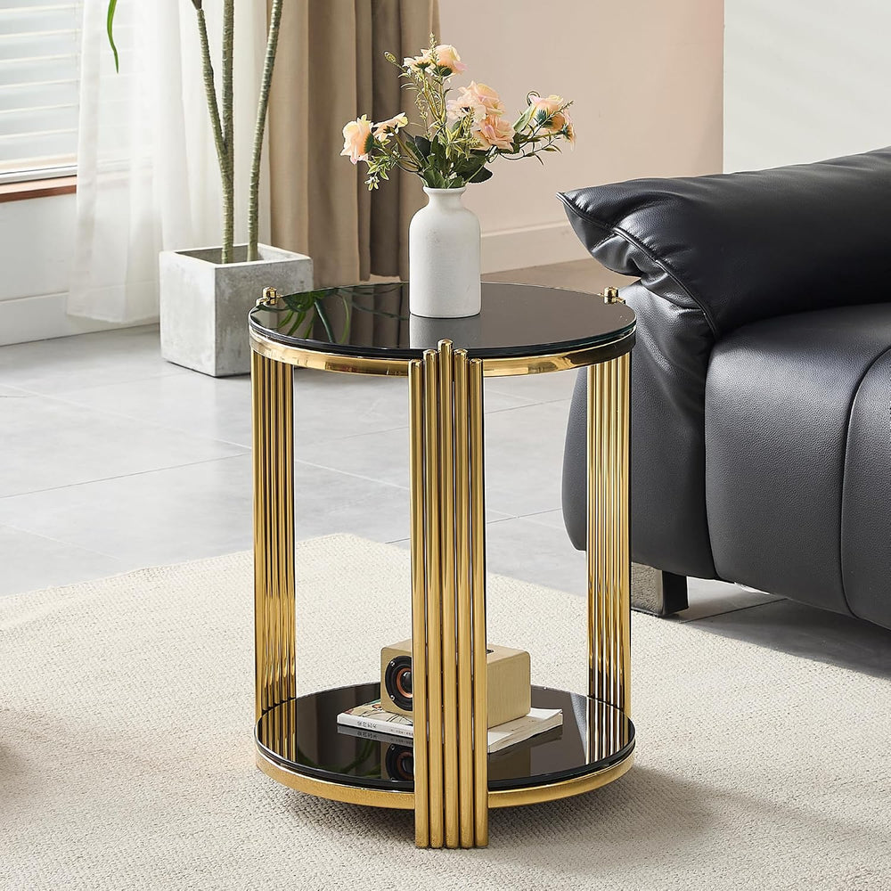 16.9'' Round Glass End Table with Gold Steel Frame, 2-Tier Sofa Side ...