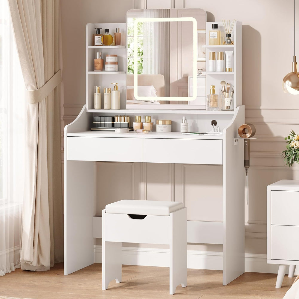 Vabches Vanity Desk with Mirror and Lights, Vanity with Lighted Mirror | Whit...