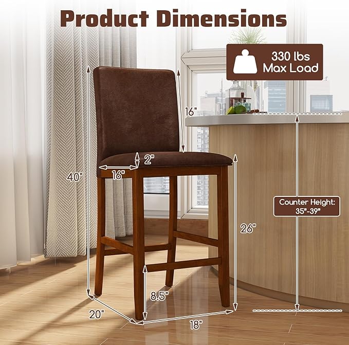 COSTWAY Upholstered Counter Height Bar Stools Set of 2, 26'' Wooden K...