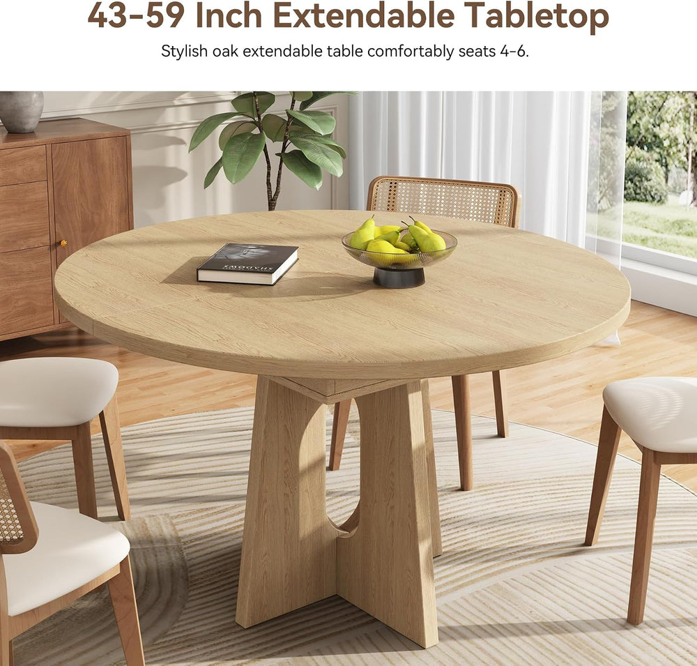Epecoya 59-Inch Extendable Round Dining Table for Dining Room, Light Oak | 4-...
