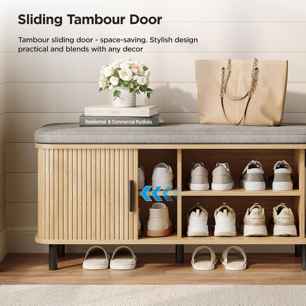 Maupvit Shoe Storage Bench with Smooth Fluted Sliding Doors, 2 Tier Hidden Sh...