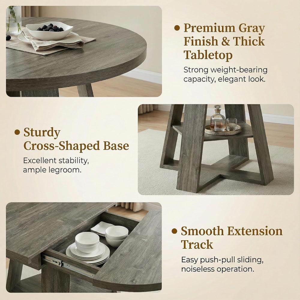 43.3"-59" Round Extendable Dining Table for 4-6 Industrial Grey Woo...