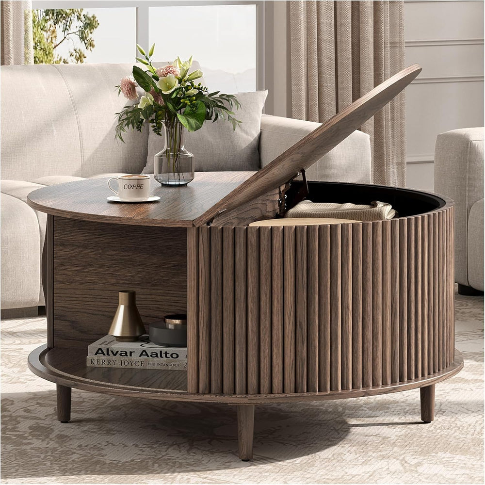 JOINICE,Round Coffee Table with Storage, 31.5" Fluted Center Table for L...