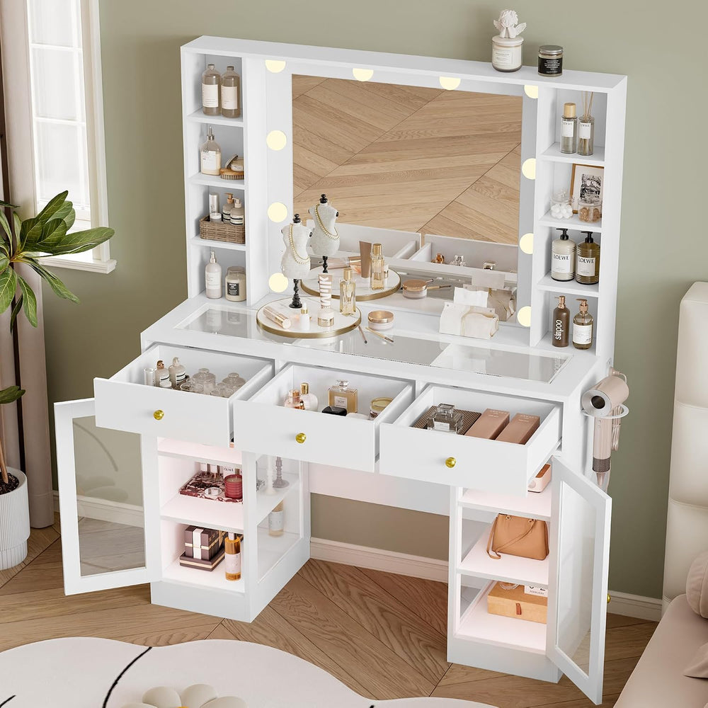 Wodeer Makeup Vanity Desk with Mirror and Lights, White Vanity with Glass Top...