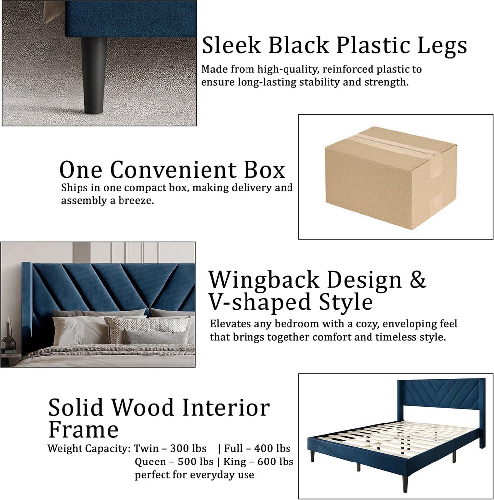 Queen Platform Bed Frame with Chevron-Stitched Wingback Headboard, Velvet Uph...