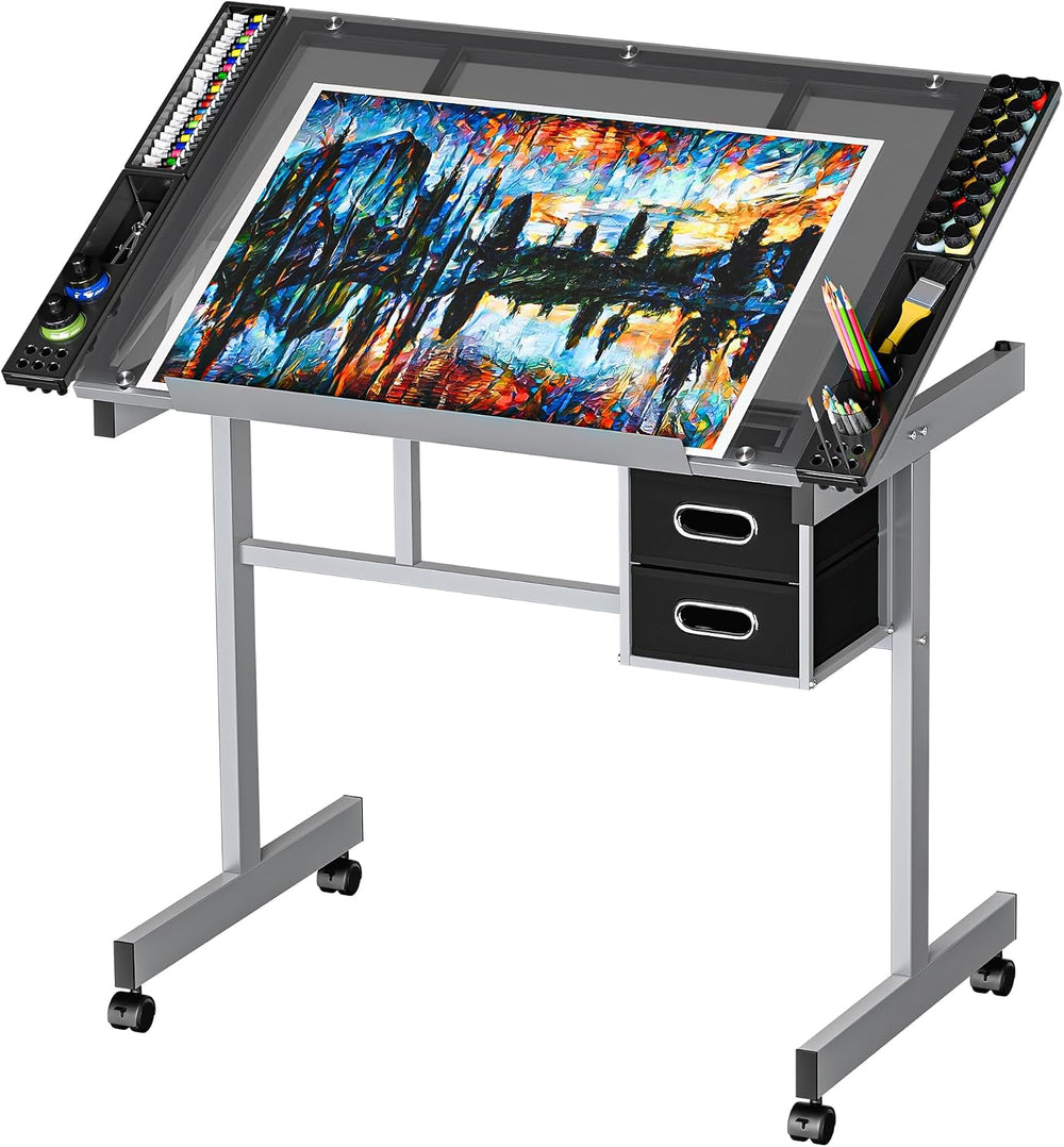 ZENY Glass Drafting Table for Artists | Mobile Rolling Drawing Desk with Adju...