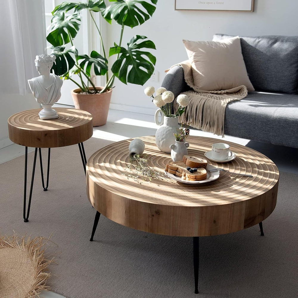 COZAYH 2-Piece Round Nesting Coffee Table Set, Natural Wood Top with Black Me...