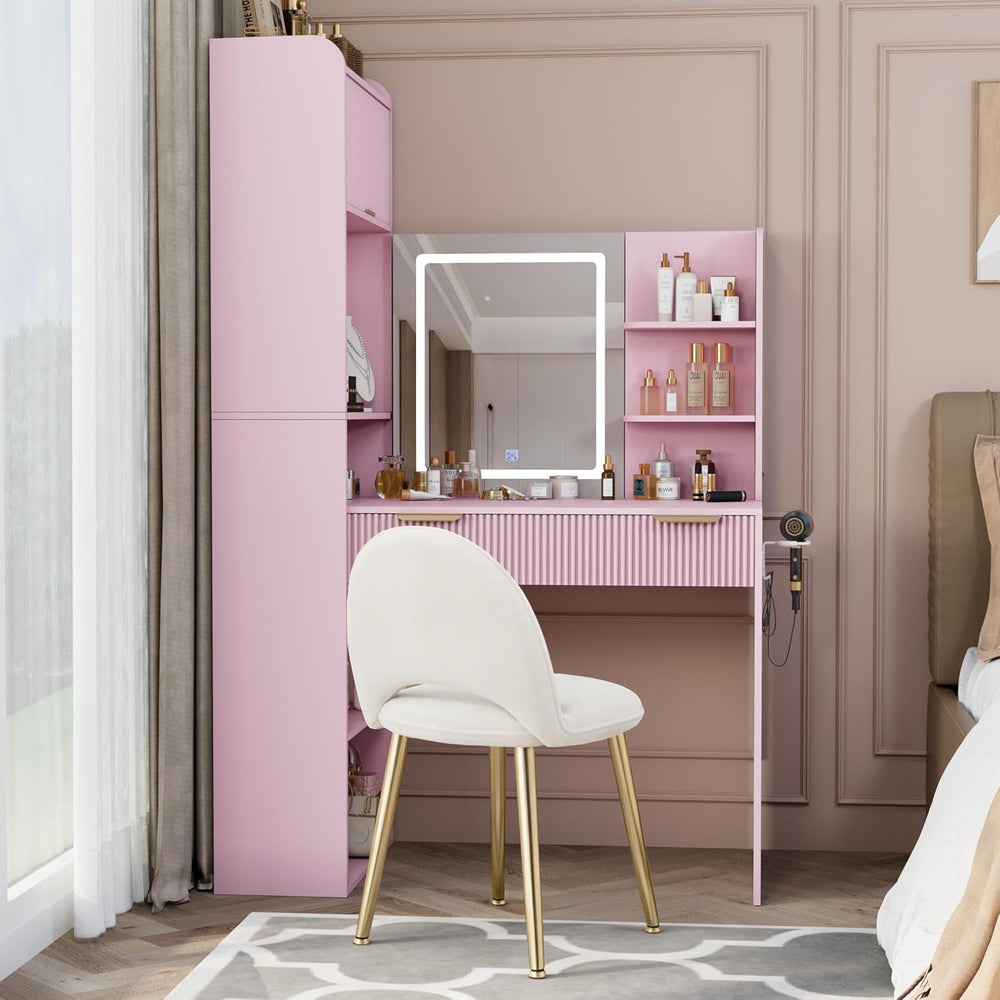 Royal Windsor Makeup Vanity Desk with Mirror and Lights, with Chair,Pink | Va...