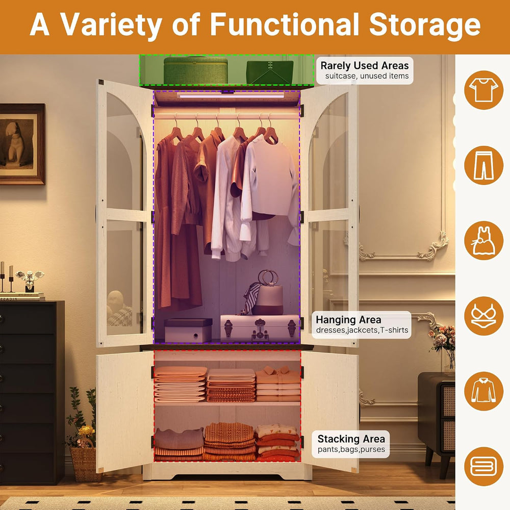 Tall Farmhouse 2 Doors Armoire Wardrobe Closet with LED ,72" Freestandin...