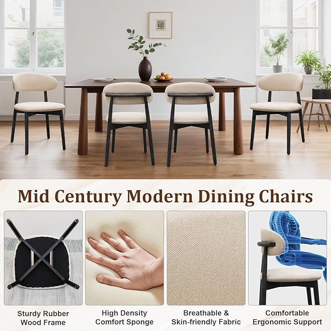 Farmhouse Dining Chairs Set of 6, Mid Century Modern Fabric Upholstered Kitch...