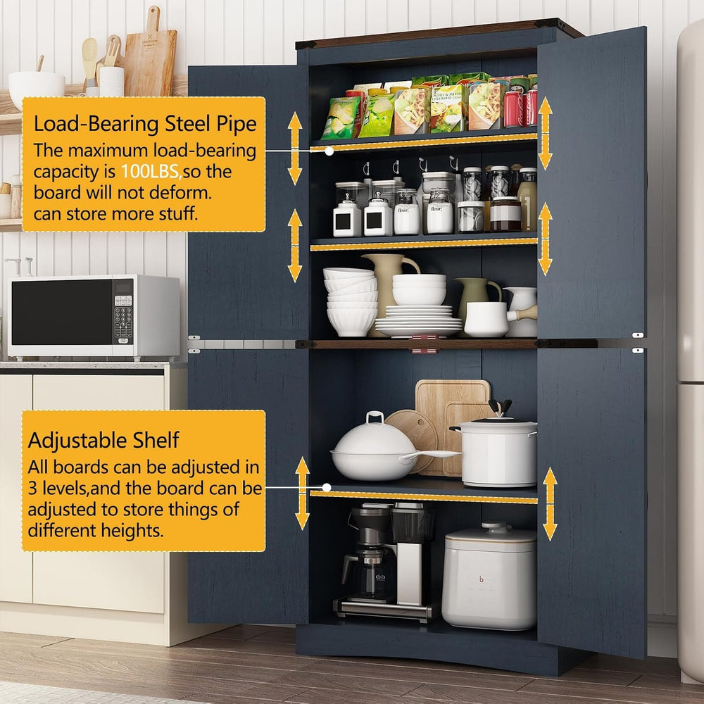 71in Farmhouse Kitchen Pantry Cabinet,Tall Storage Cabinet with 4 Doors and A...