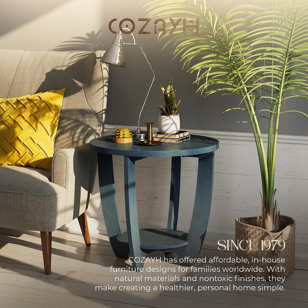 COZAYH End Table - Rustic Farmhouse Round Accent - Storage Shelf Blue