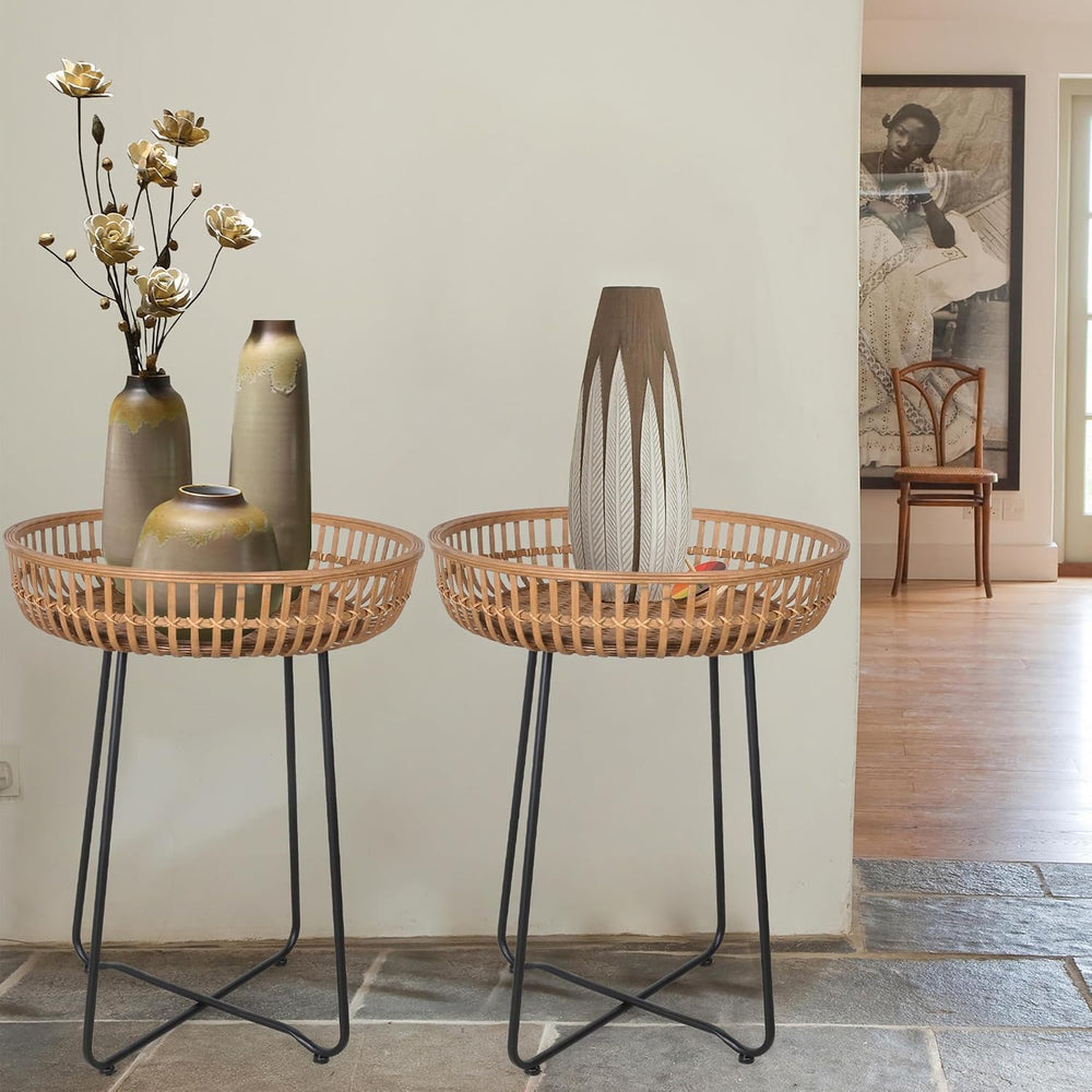 Oakrain Rattan End Table, Nesting Tables, Set of 2, Bamboo, Round, Metal Base...