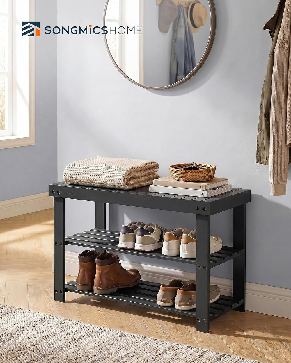 SONGMICS HOME 3-Tier Bamboo Shoe Bench, Shoe Rack, for Entryway Bathroom Bedr...