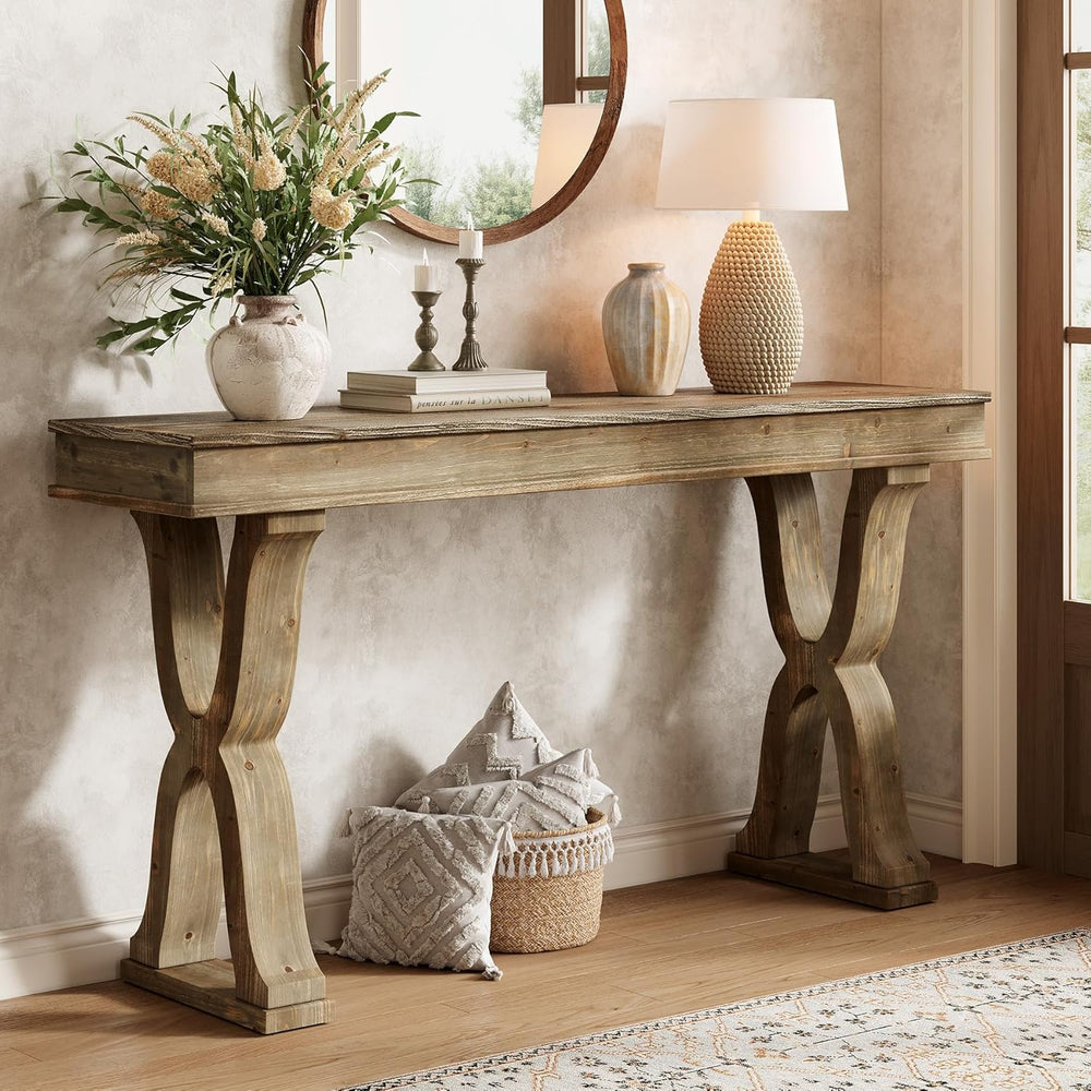 63-Inch Solid Wood Console Table, Farmhouse Narrow Entryway Table with X-Shap...
