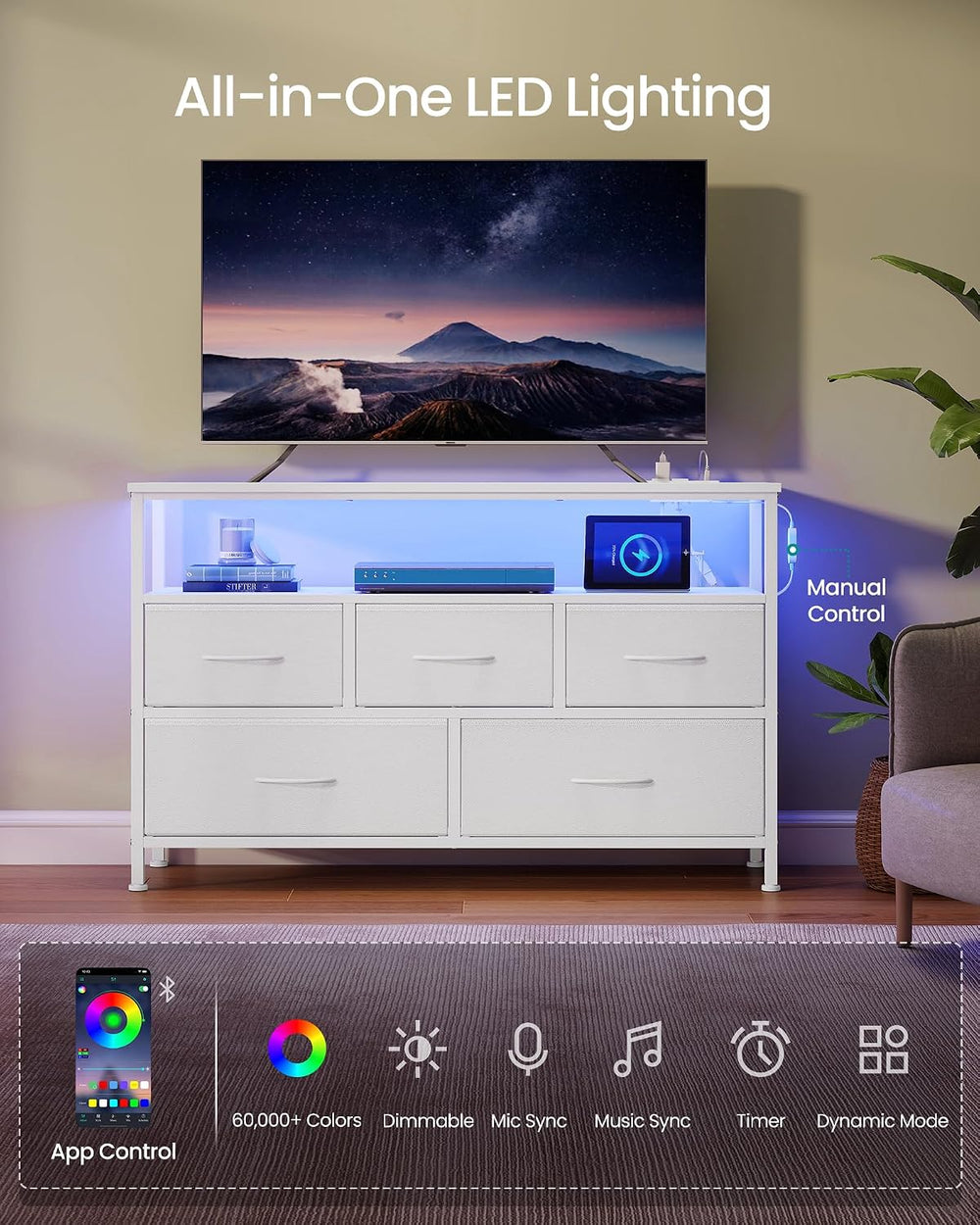 SONGMICS Dresser with App-Controlled LED Lights, 5 Fabric Drawers Dresser