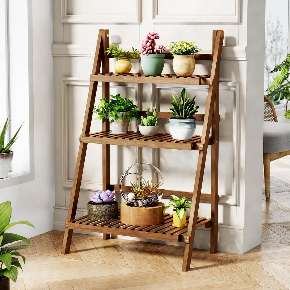Bamboo Ladder Shelf 3-Tier Foldable Plant Stand, 23.6"W x 15"D x 39...