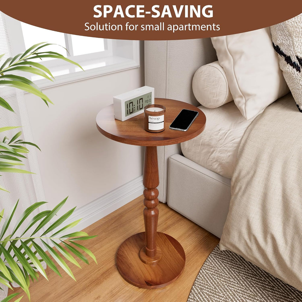 Small Wood Round Side Table - Accent Nightstand Pedestal Table for Living Roo...