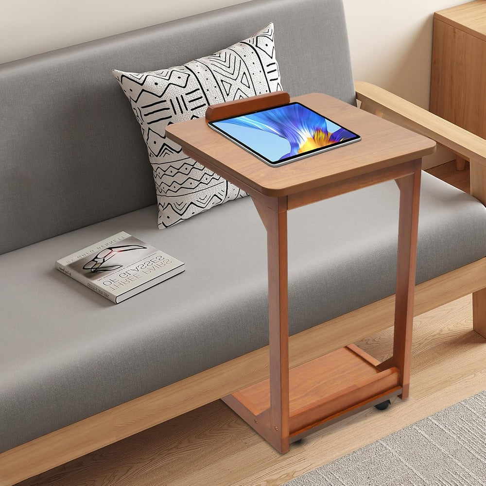 C-Shaped End Table, Couch Table with Adjustable Desktop, Small Rolling Side T...